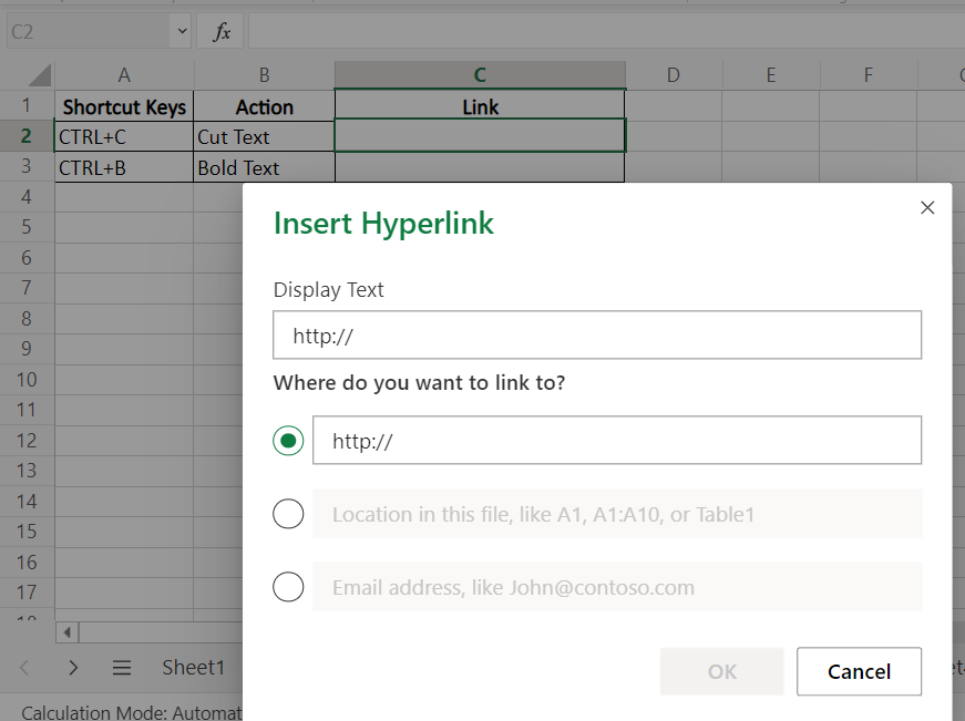 Inserting hyperlink Excel shortcut