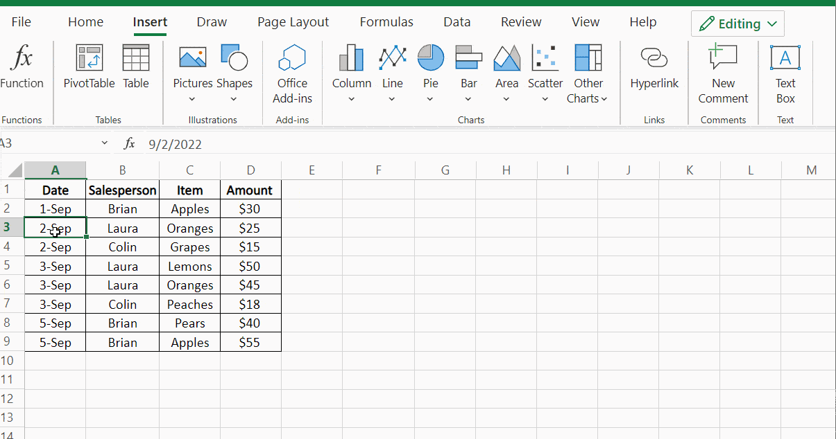 Inserting row or column Excel shortcut