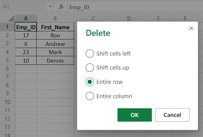 Deleting row or column Excel shortcut