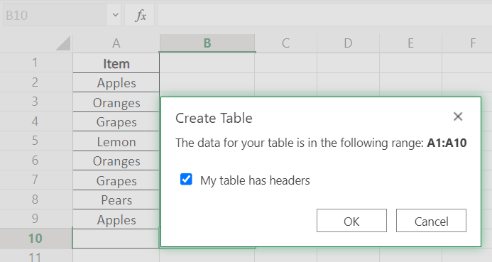 Inserting a table Excel shortcut
