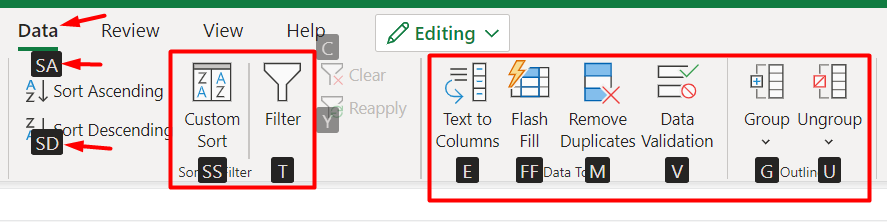 Viewing Excel shortcuts