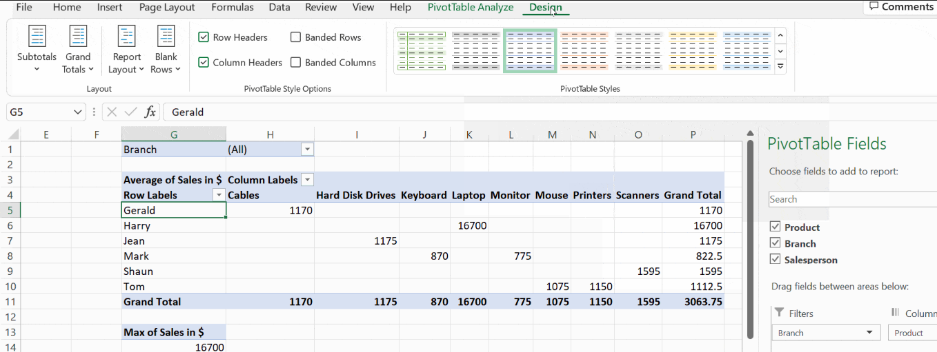 Pivot Table design button Pivot Table design button