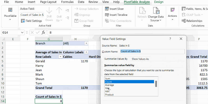 Pivot Table analyze button Pivot Table analyze button