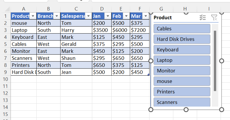 slicer in Excel