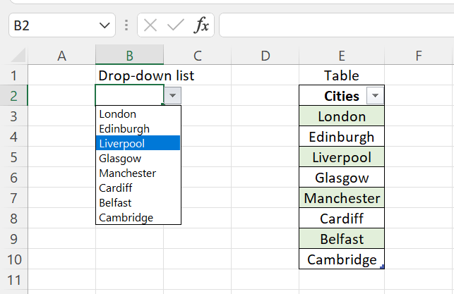 Example of drop down list excel