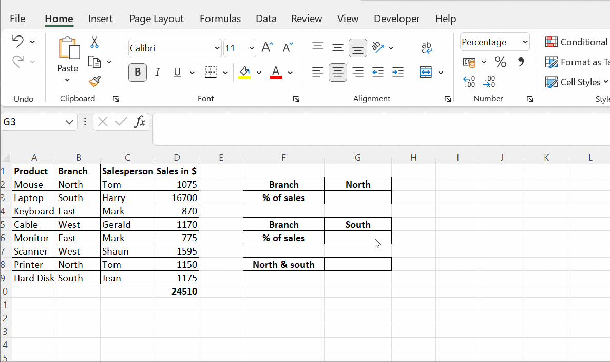 excel calculate percentage multiple rows