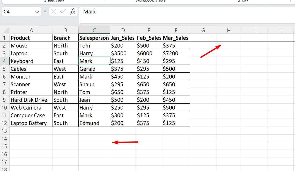 Example of frozen panes in Excel
