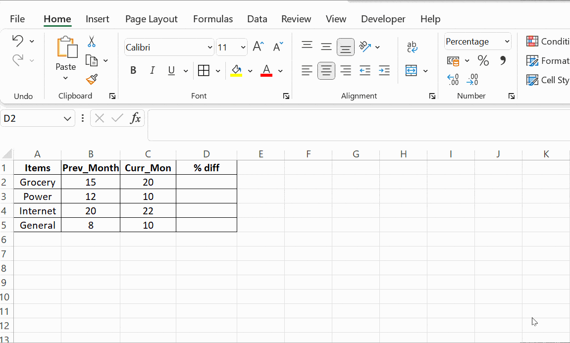 calculate percentage increase/decrease excel