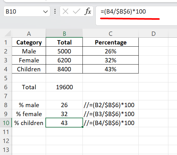 formula to calculate percentage excel