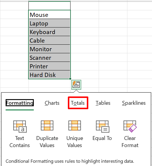 totals button to get row count excel