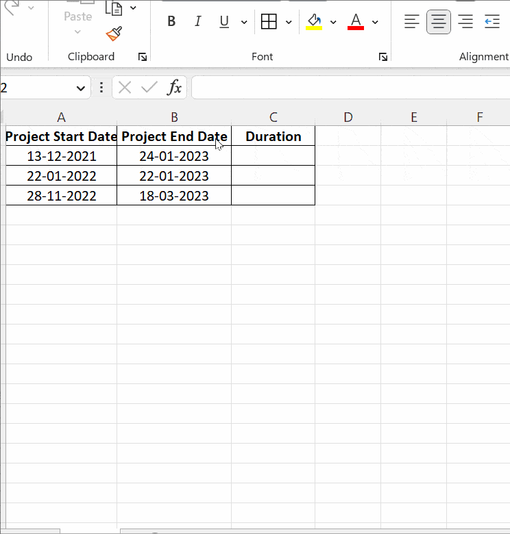 subtract dates in excel