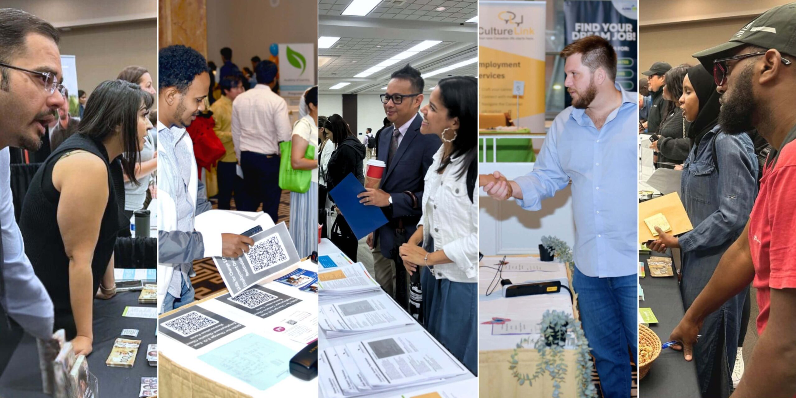 Various pictures of professional networking and interviews at a career fair